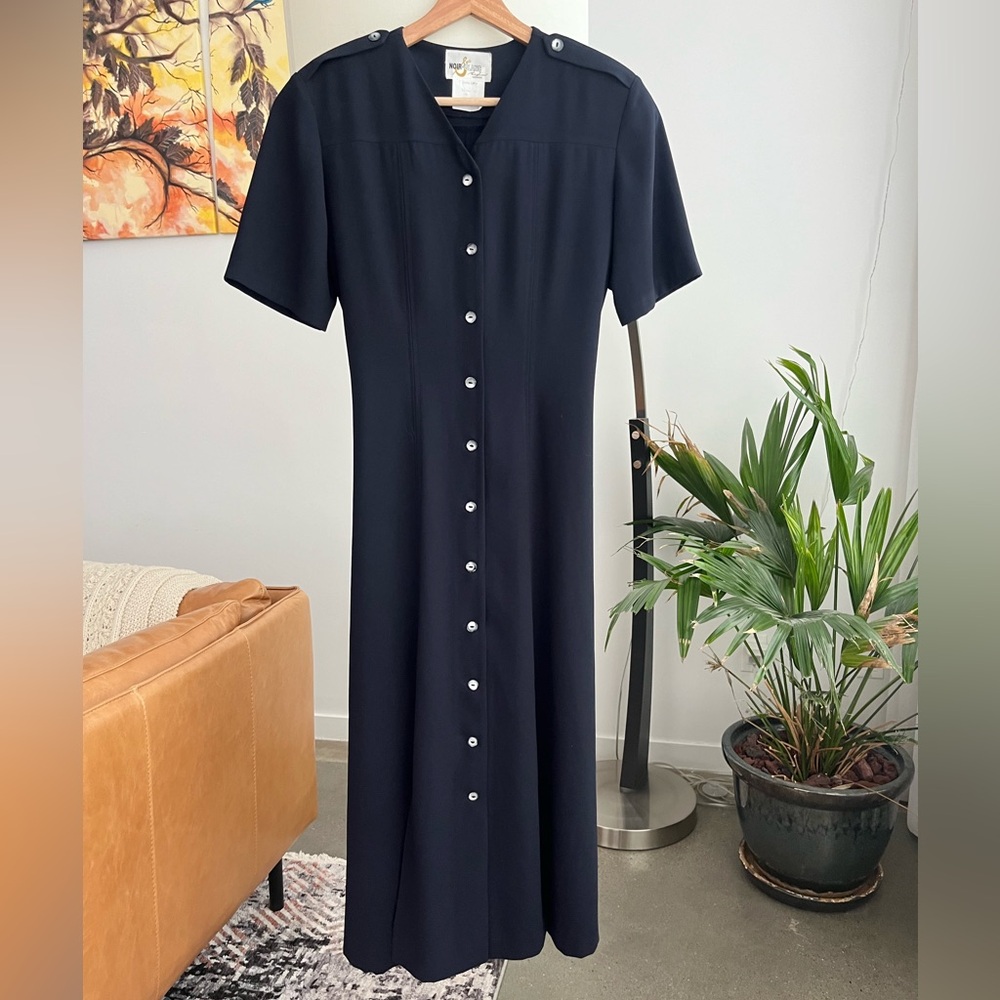 Vintage Noir & Blanc by Designer Marie Simard Navy Button Front Maxi Dress